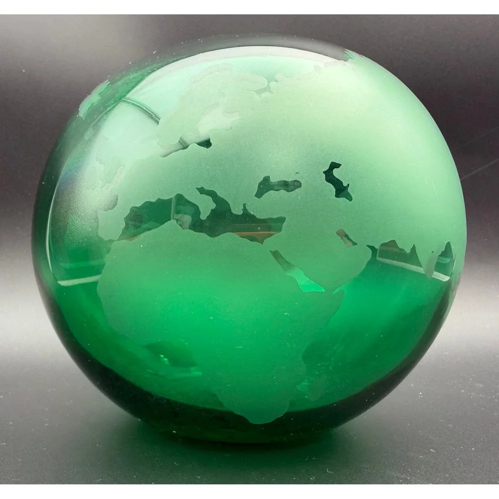 Silvestri Mouth Blown Glass Globe Vase Emerald Green Etched World Map Round 6in
